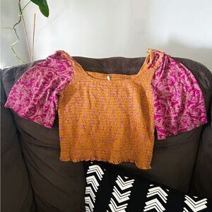 Free People Mustard and Pink Smocked Blouse